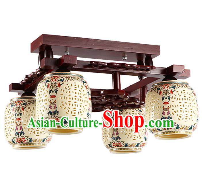 Traditional Chinese Porcelain Carving Hanging Ceiling Palace Lanterns Handmade Four-pieces Lantern Ancient Lamp