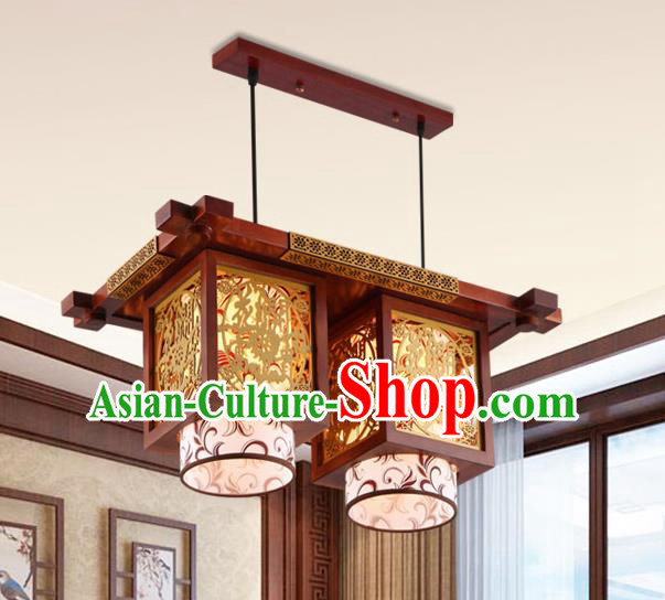 Traditional Chinese Wood Carving Ceiling Lanterns Handmade Two-Lights Hanging Lantern Ancient Lamp