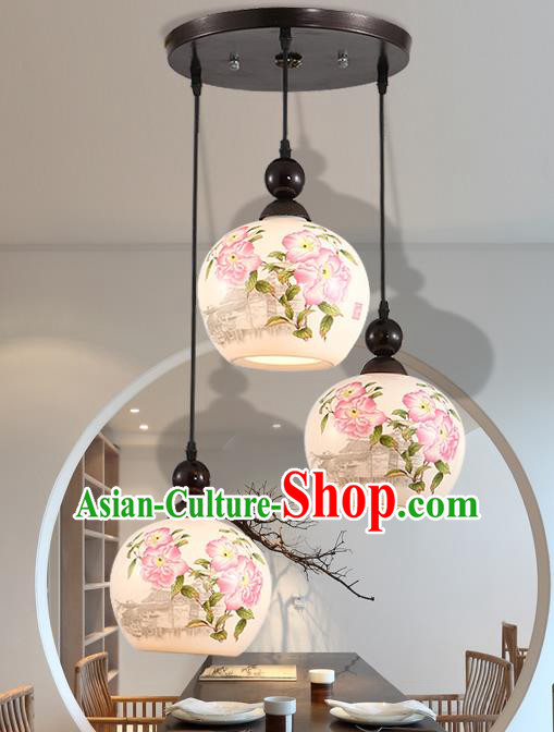 Traditional Chinese Handmade Ceramics Hanging Lantern Asian Painting Peach Blossom Ceiling Lanterns Ancient Lantern