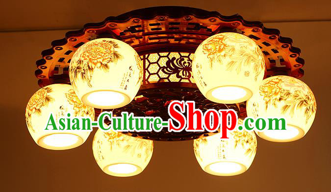 Traditional Chinese Handmade Six-Lights Lantern Wood Carving Lantern Ancient Palace Ceiling Lanterns