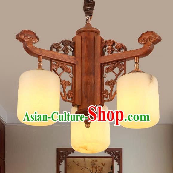 Traditional Chinese Handmade Marble Hanging Lantern Rosewood Three-Lights Palace Lanterns Ancient Lamp