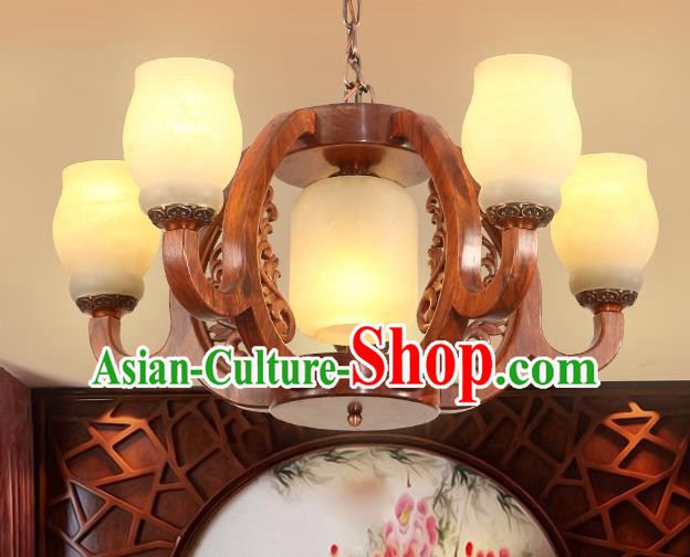 Traditional Chinese Handmade Rosewood Marble Ceiling Lantern Five-Lights Palace Lanterns Ancient Lamp