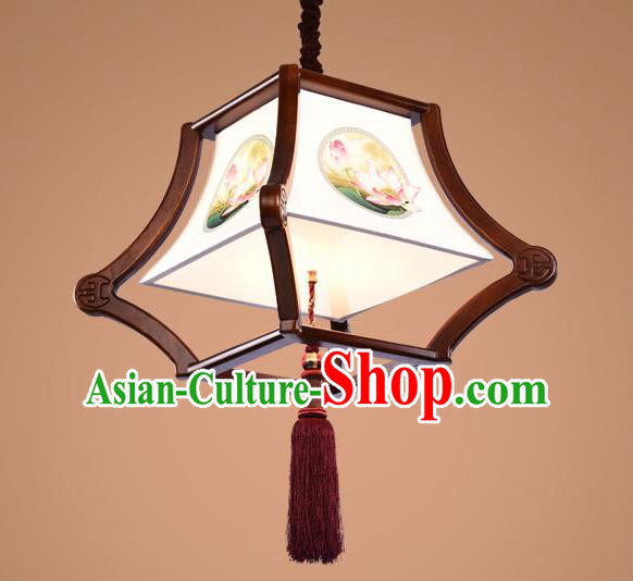 Traditional Chinese Handmade Palace Lantern Wood Hanging Lanterns Ancient Painting Lotus Lamp