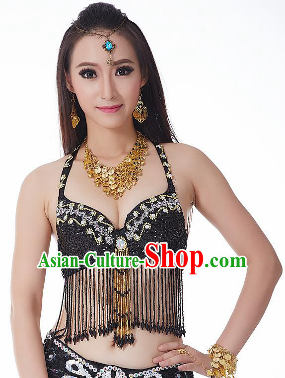 Indian National Belly Dance Tassel Black Brassiere Bollywood Oriental Dance Costume for Women