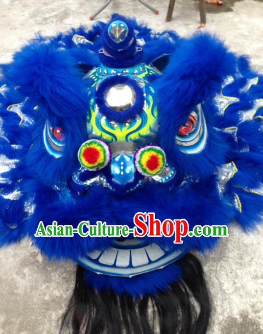 Chinese Traditional Professional Blue Wool Lion Dance Costumes Celebration and Parade Lion Head Complete Set