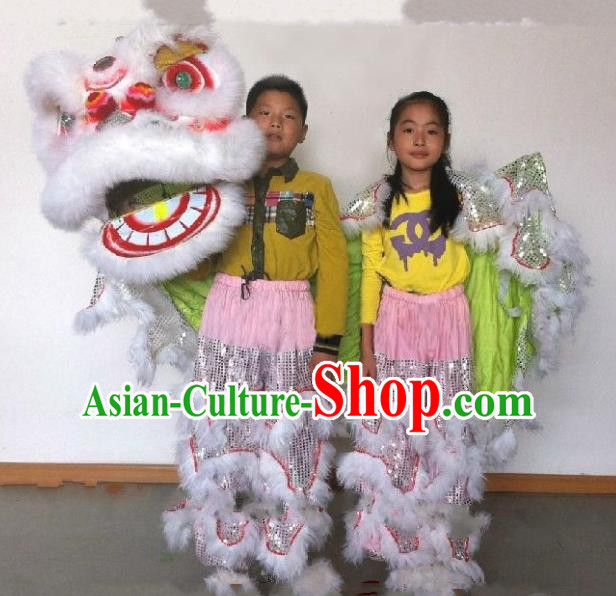 Chinese Traditional Children Lion Dance Costumes Professional Celebration Parade White Wool Lion Head Complete Set