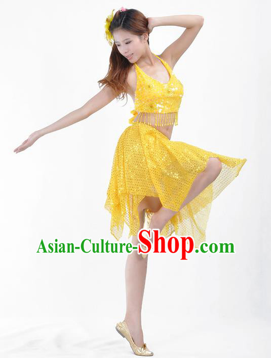 Traditional Indian Belly Dance Yellow Sequin Clothing India Oriental Dance Costume for Women
