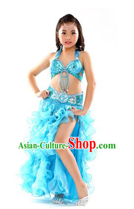 Traditional Indian Children Stage Performance Blue Dress Oriental Belly Dance Costume for Kids