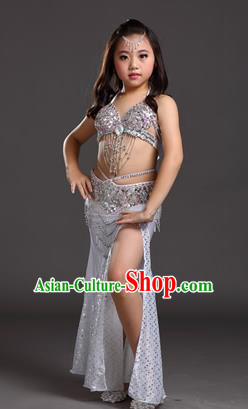 Traditional Indian Children Performance Oriental Dance Argentate Dress Belly Dance Costume for Kids