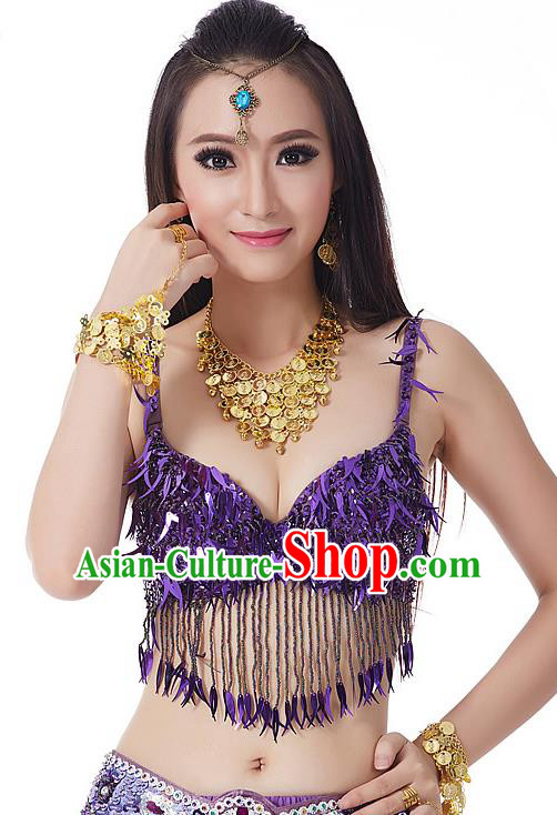 Indian Belly Dance Purple Beading Brassiere Asian India Oriental Dance Costume for Women