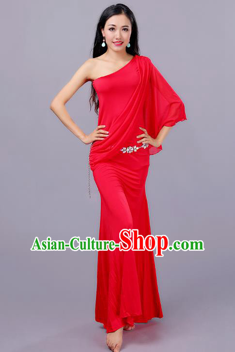 Indian Traditional Oriental Bollywood Dance One-shoulder Red Dress Belly Dance Sexy Costume for Women