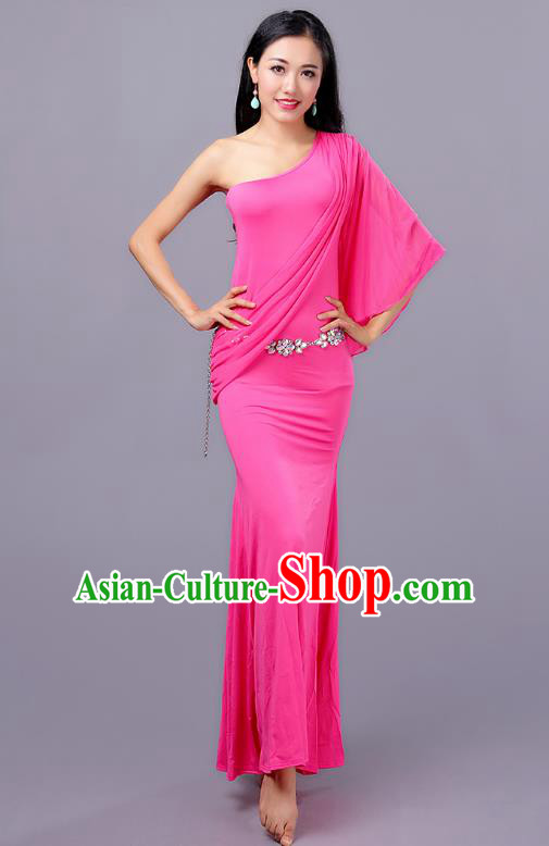 Indian Traditional Oriental Bollywood Dance One-shoulder Pink Dress Belly Dance Sexy Costume for Women