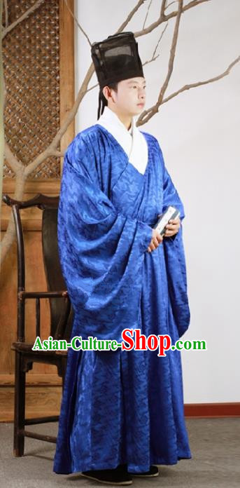 Chinese Ancient Ming Dynasty Scholar Hanfu Clothing Blue Long Robe for Men
