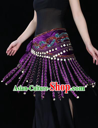 Indian Belly Dance Waist Accessories Stage Performance Purple Tassel Waistband Belts for Women