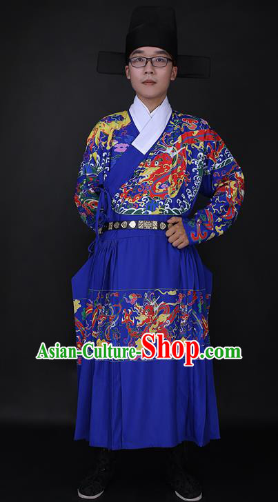Ancient Chinese Imperial Bodyguard Blue Robe Costume Ming Dynasty Swordsman Clothing for Men