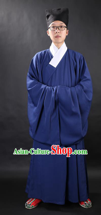 Chinese Ancient Ming Dynasty Taoist Priest Costume Navy Priest Frock for Men