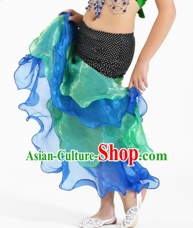 Asian Indian Belly Dance Green and Blue Skirt Stage Performance Oriental Dance Clothing for Kids
