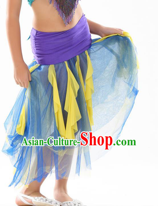 Asian Indian Belly Dance Blue Veil Skirt Stage Performance Oriental Dance Clothing for Kids