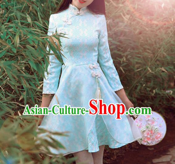 Traditional Chinese National Costume Blue Qipao Dress Tangsuit Embroidered Cheongsam Clothing for Women