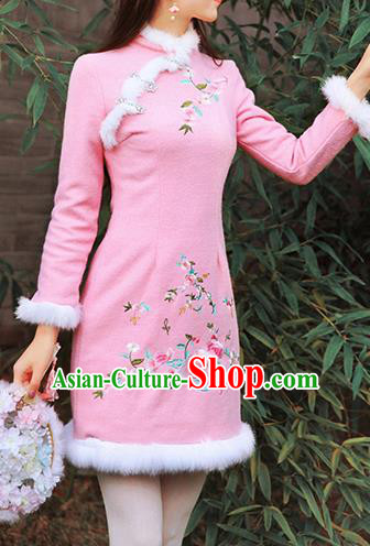 Traditional Chinese National Embroidered Peony Qipao Dress Costume Tangsuit Pink Cheongsam Clothing for Women