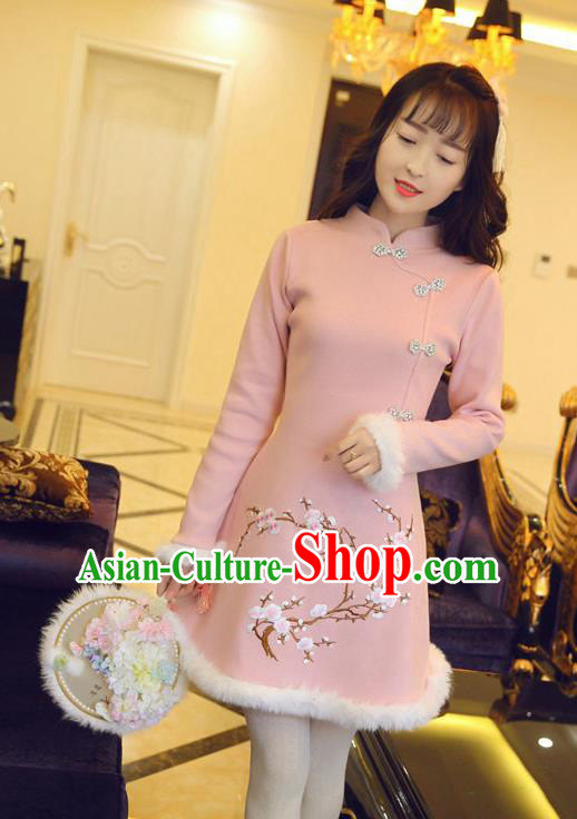 Traditional Chinese National Pink Qipao Dress Tangsuit Embroidered Plum Blossom Cheongsam Clothing for Women