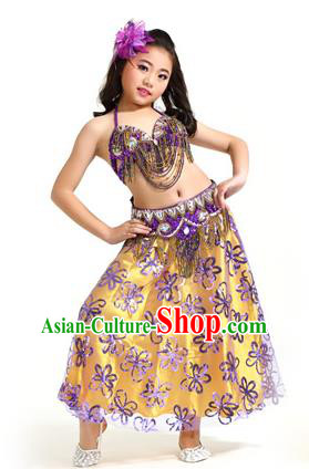 Asian Indian Children Belly Dance Purple Dress Stage Performance Oriental Dance Clothing for Kids