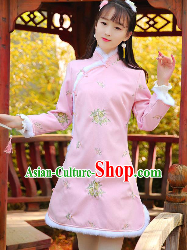 Traditional Chinese National Pink Dress Tangsuit Embroidered Cheongsam Clothing for Women