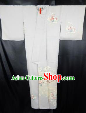 Japan Traditional Kimonos Costume Printing Grey Yukata Dress Japanese Furisode Kimono for Women