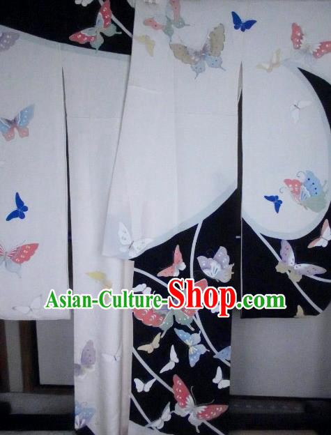 Traditional Asian Japan Clothing Japanese Fashion Apparel Printing Butterfly Furisode Kimono Costume for Women