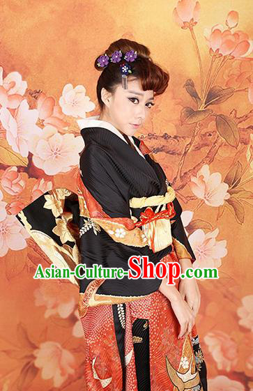 Traditional Asian Japan Costume Japanese Apparel Black Yukata Dress Furisode Kimono for Women
