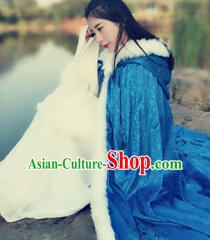 Chinese Ancient Ming Dynasty Princess Costume Blue Long Cloak for Women