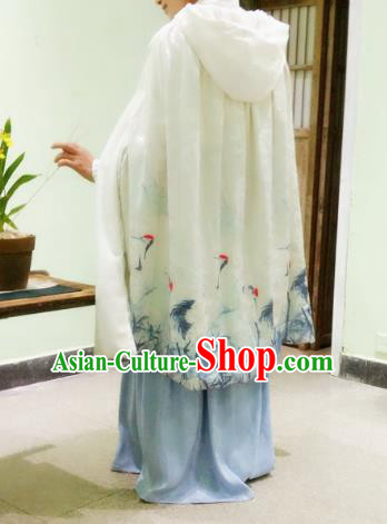 Chinese Ancient Ming Dynasty Princess Costume Printing Cranes Mantle White Long Cloak for Women