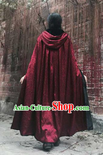 Chinese Ancient Swordsman Costume Knight Wine Red Long Cloak for Men