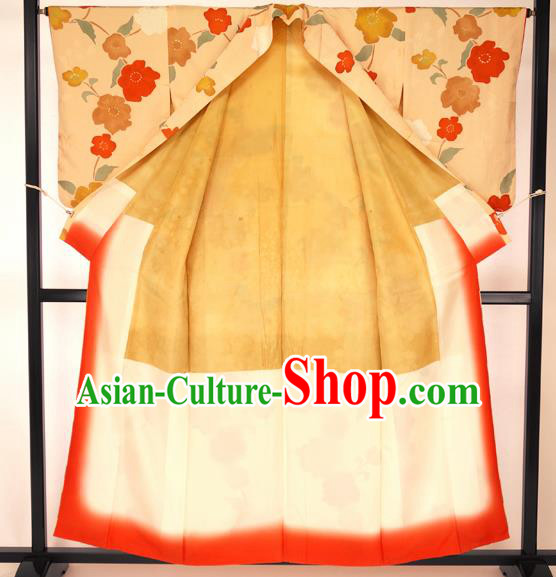 Japan Traditional Formal Costume Printing Flowers Furisode Kimono Yukata Dress for Women