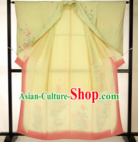 Japan Traditional Formal Costume Printing Flowers Furisode Kimono Green Yukata Dress for Women