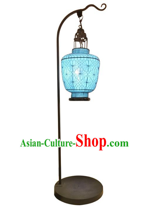 Handmade Traditional Chinese Lantern Blue Floor Lamp Palace Lantern