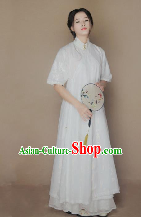 Ancient Chinese National Costumes White Cheongsam Dress for Women