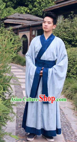 Ancient Chinese Ming Dynasty Scholar Costumes Blue Long Robe for Men