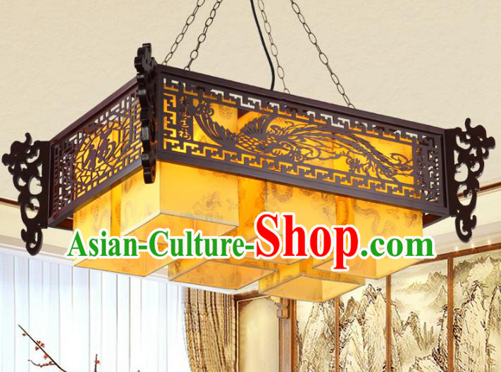 Asian China Handmade Wood Carving Phoenix Lantern Traditional Ancient Six-Lights Ceiling Lamp Palace Lanterns