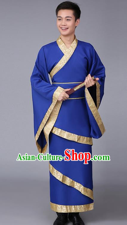 China Ancient Han Dynasty Scholar Costume Blue Curving-front Robe for Men