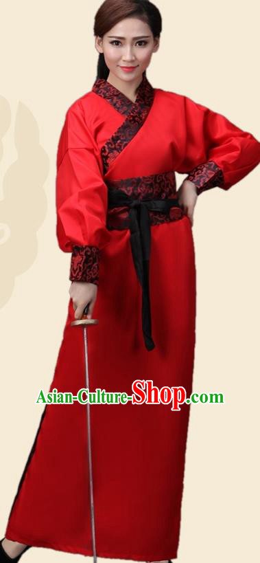 China Han Dynasty Swordswoman Red Costume Ancient Theatre Performance Heroine Clothing for Women