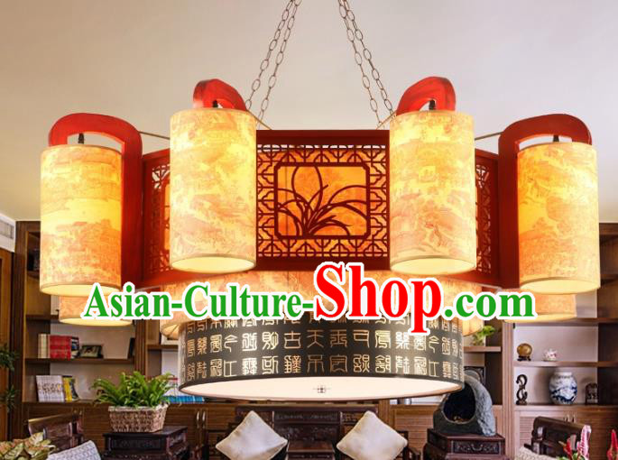 Chinese Handmade Eight-Lights Hanging Lantern Traditional Palace Wood Ceiling Lamp Ancient Lanterns