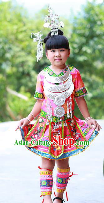 Traditional Chinese Miao Minority Nationality Costume Hmong Folk Dance Pink Dress for Kids