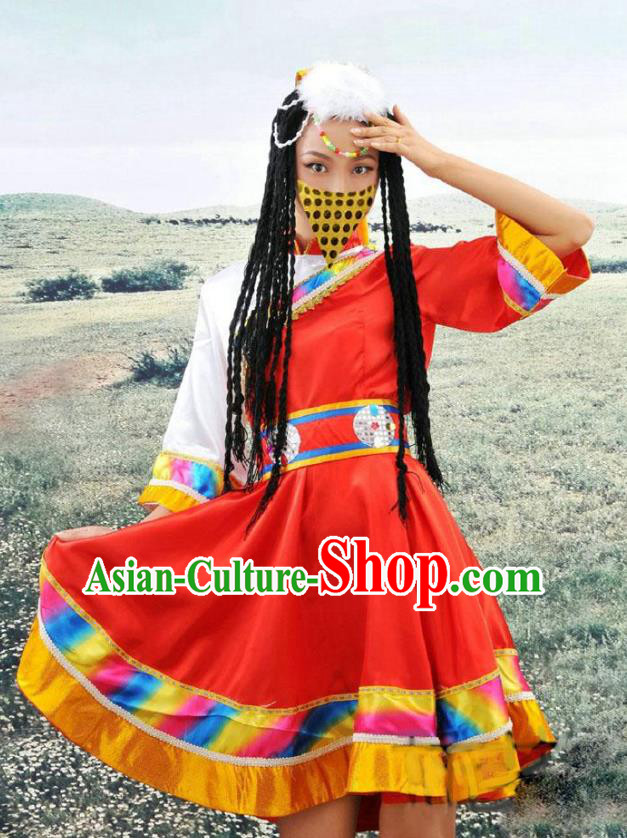 Traditional Chinese Mongols Minority Nationality Costume Mongolian Folk Dance Red Dress for Women
