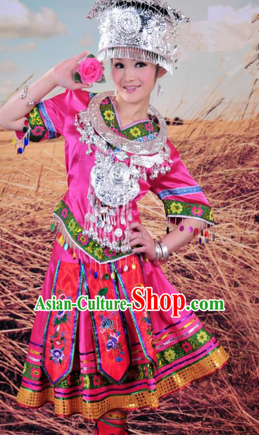 Traditional Chinese Miao Minority Nationality Embroidered Costume Pink Pleated Skirt for Women