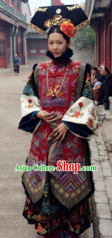 Ancient Chinese Qing Dynasty Manchu Guangxu Emperor Imperial Concubine Embroidered Historical Dress Costume for Women