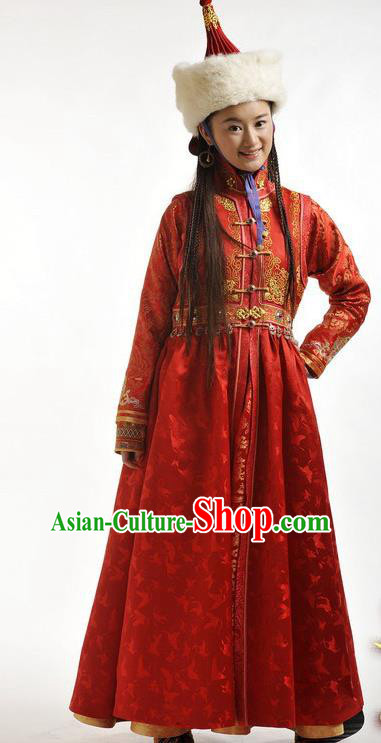 Chinese Qing Dynasty Mongolian Princess Red Robe Historical Costume Ancient Nobility Lady Clothing for Women
