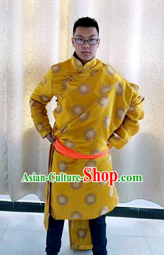 Traditional Chinese Zang Nationality Costume, Tibetan Ethnic Minority Kang-pa Yellow Tibetan Robe for Men