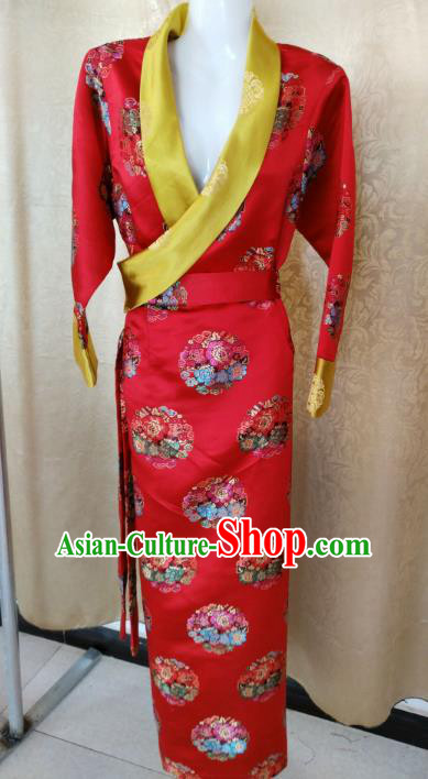 Chinese Tibetan Nationality Costume, Traditional Zang Ethnic Minority Red Tibetan Robe for Women