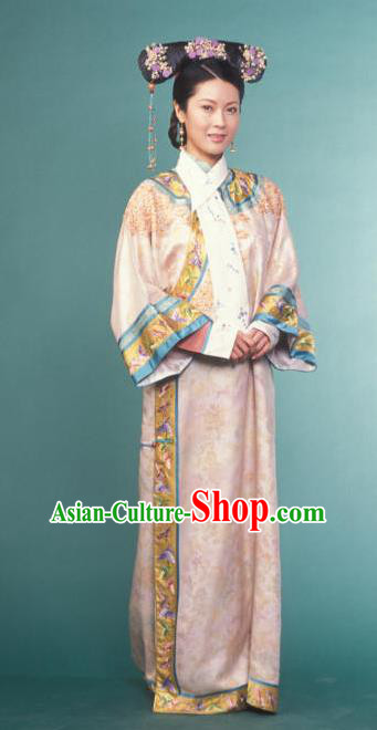 Chinese Ancient Qing Dynasty Imperial Concubine Manchu Pink Dress Historical Costume for Women